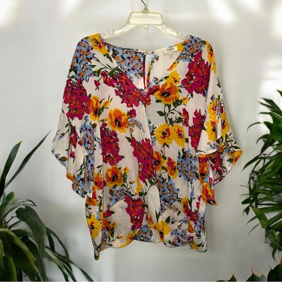 Umgee Tops - Umgee Multicolor Floral V Neck Wrap Style Blouse with Flutter Sleeve size L